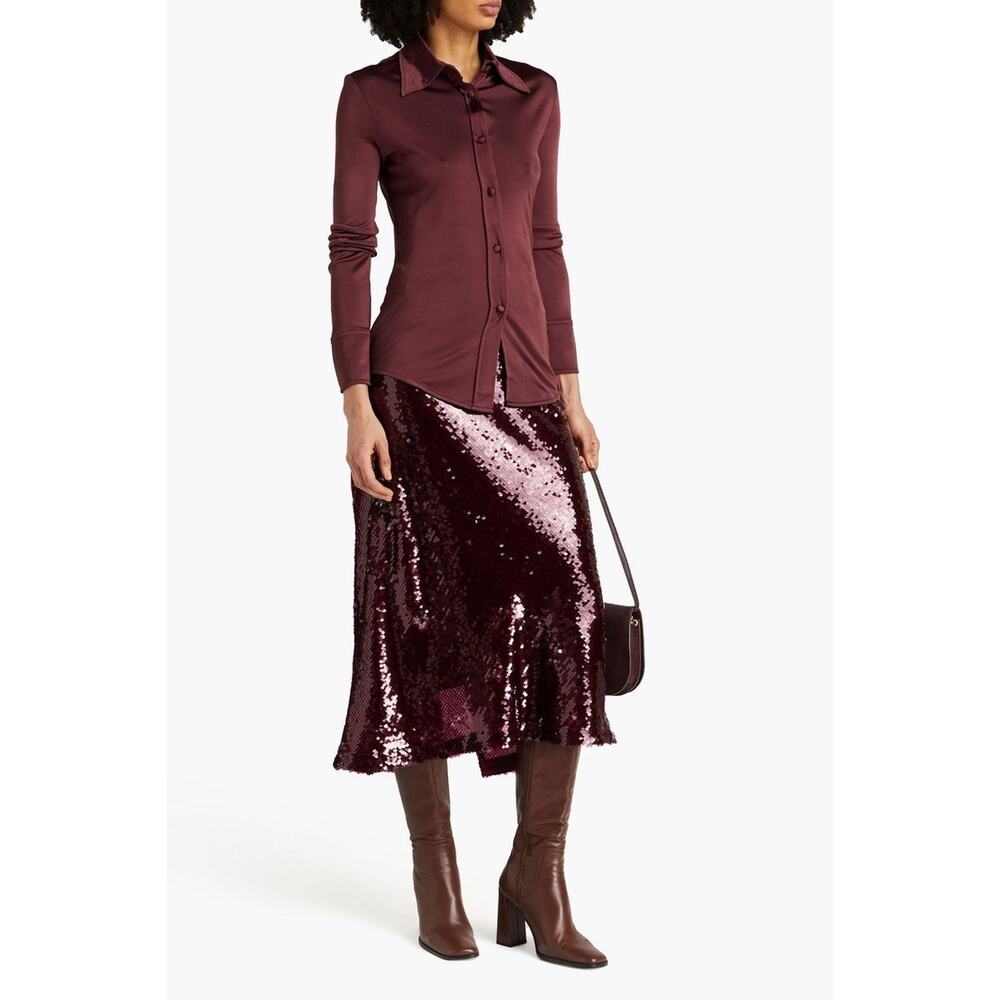 Bite Studios Shirt Small Burgundy Satin Viscose Jersey Button Front Long Sleeve